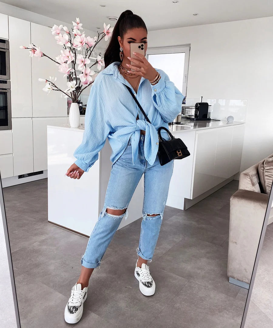 Freya - Oversize Musselin Bluse Kurz