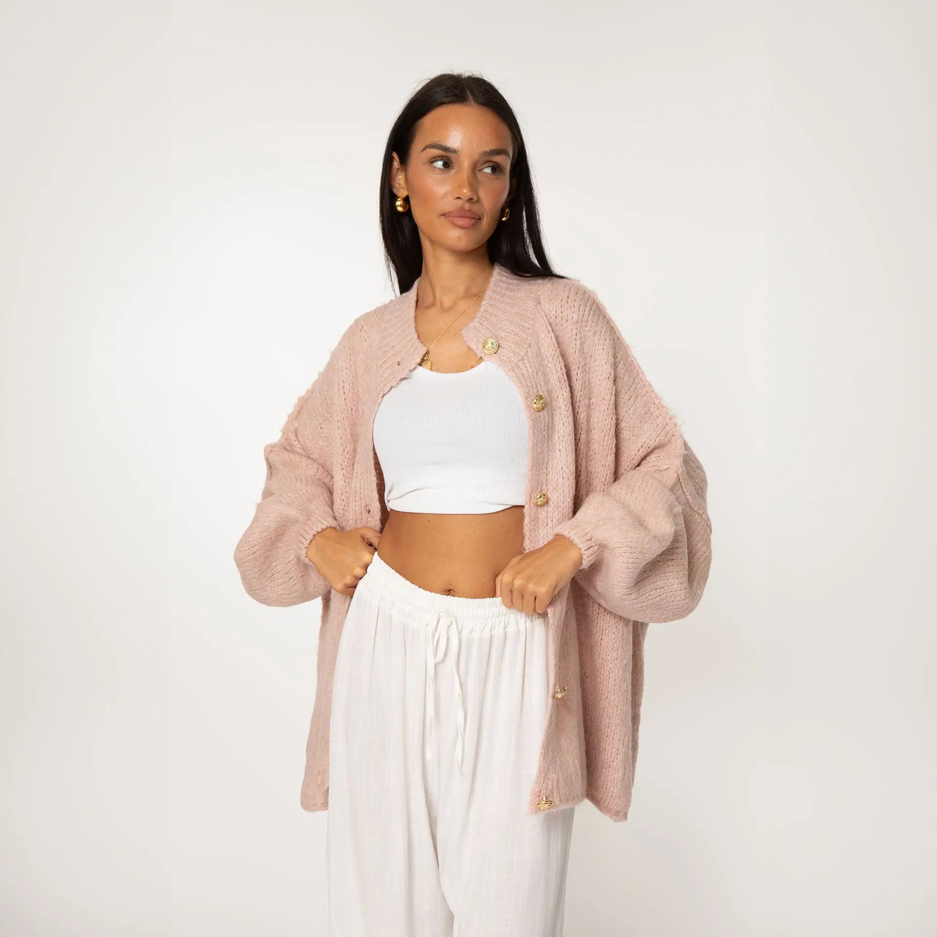Simone - Damen Oversize Strick Cardigan mit Goldknöpfen