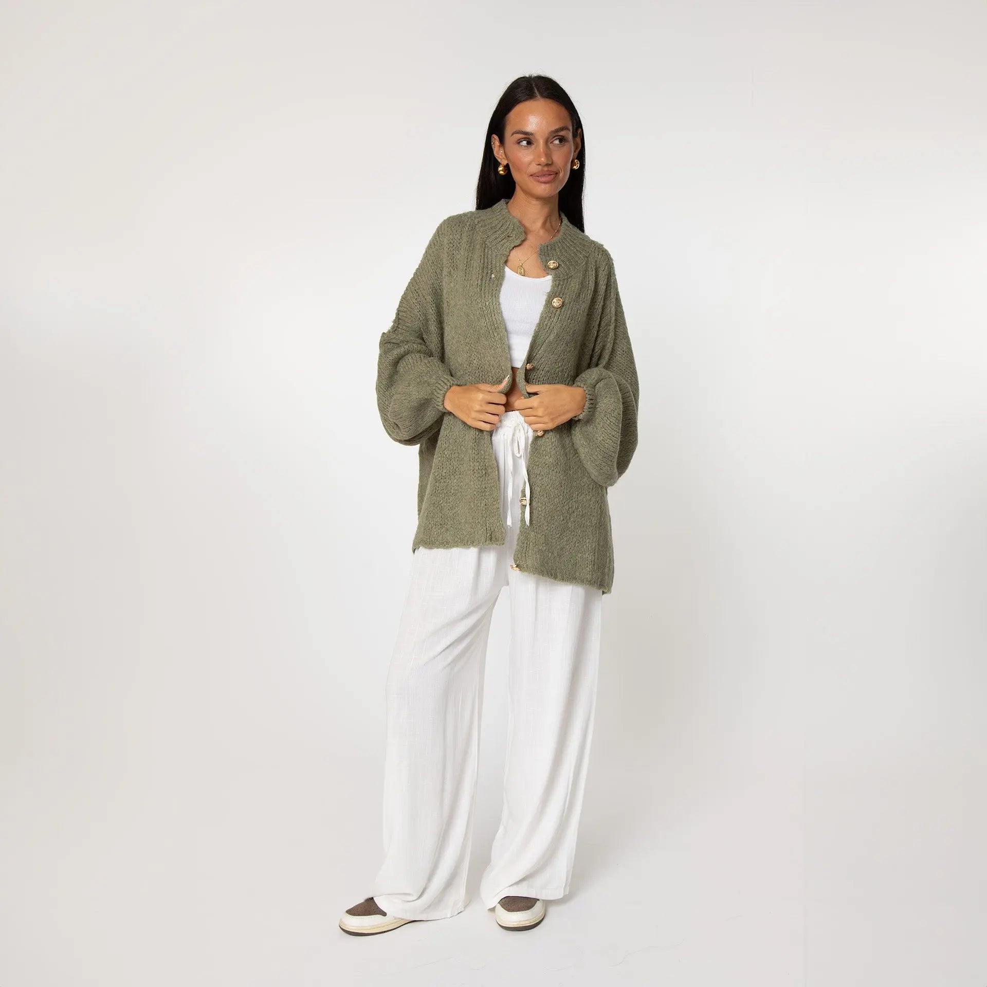 Simone - Damen Oversize Strick Cardigan mit Goldknöpfen