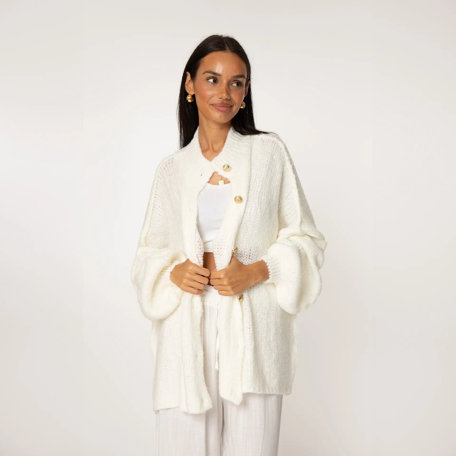 Simone - Damen Oversize Strick Cardigan mit Goldknöpfen