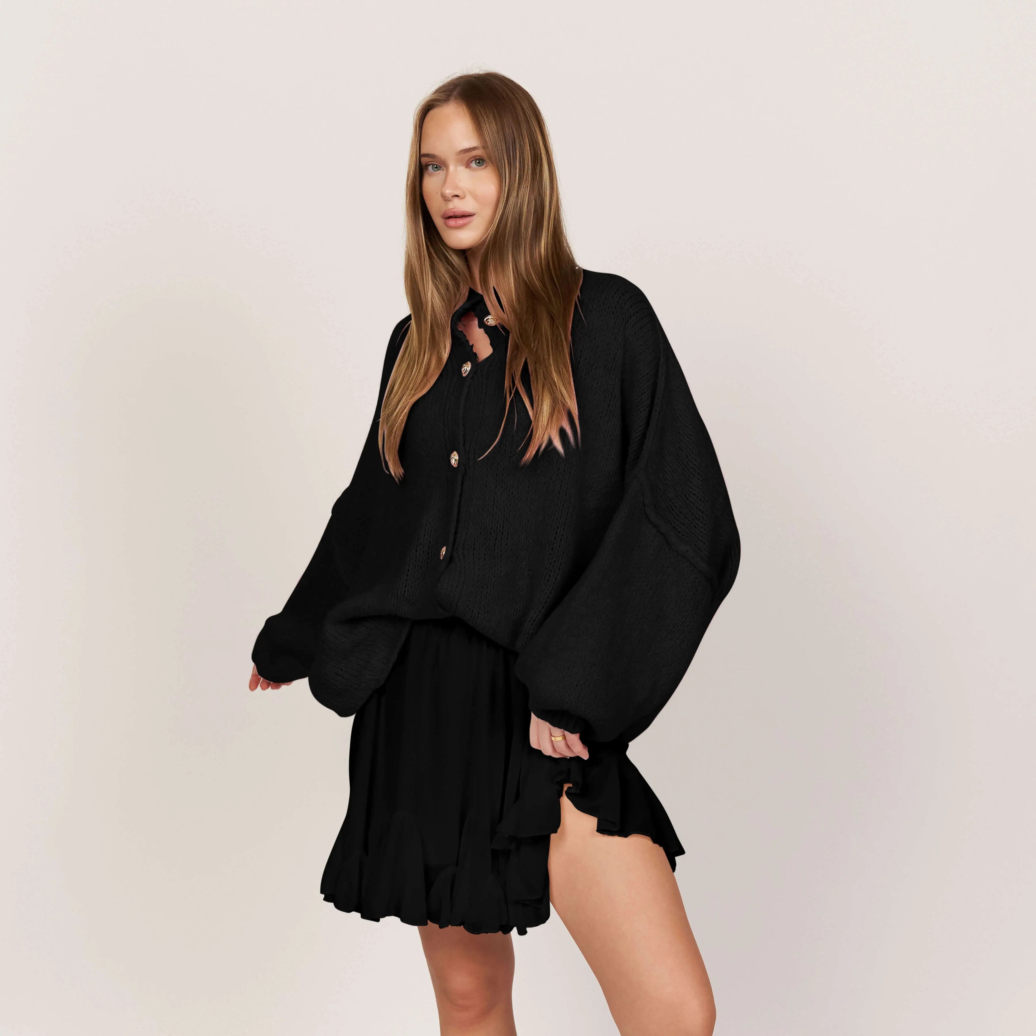 Simone - Damen Oversize Strick Cardigan mit Goldknöpfen
