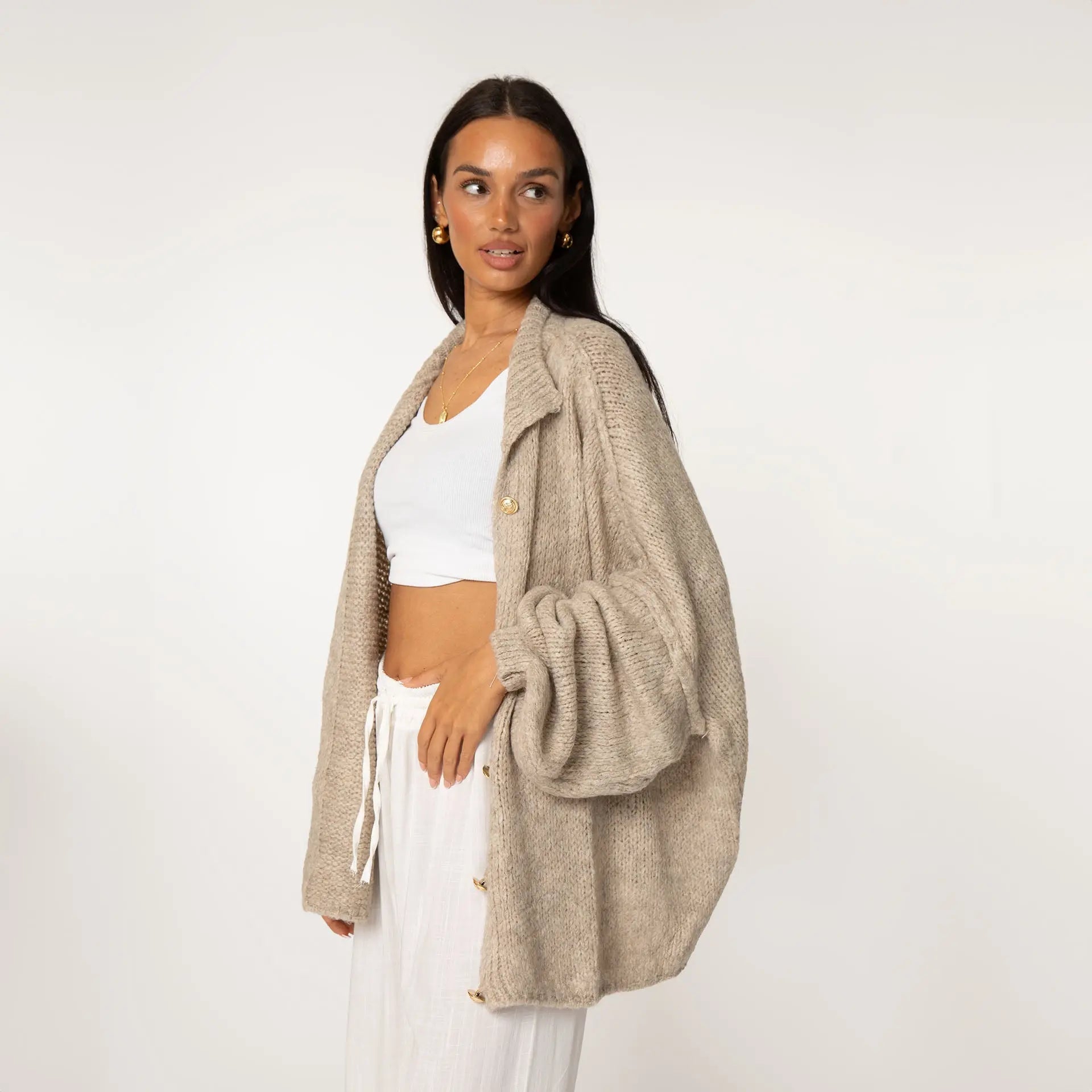 Simone - Damen Oversize Strick Cardigan mit Goldknöpfen