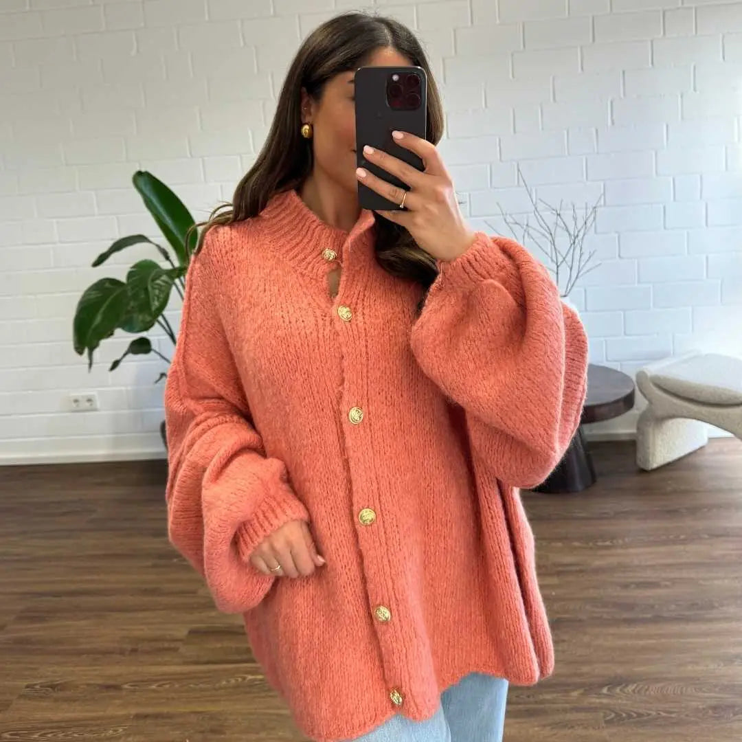 Simone - Damen Oversize Strick Cardigan mit Goldknöpfen