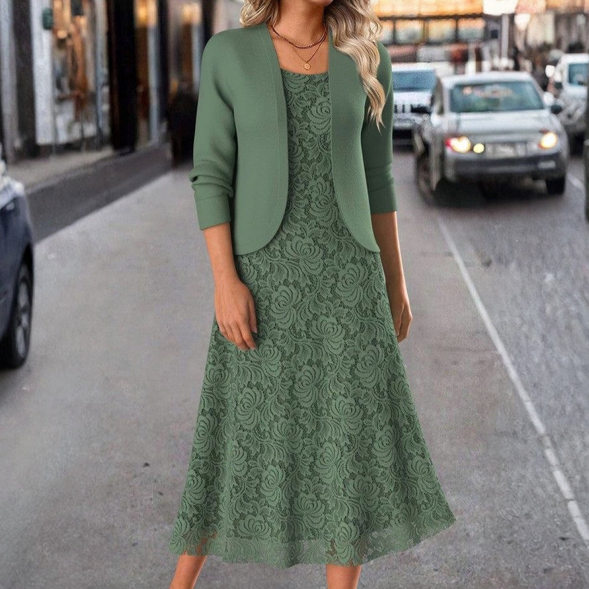 Fenella – Grünes Midi-Kleid mit Jacke für Damen