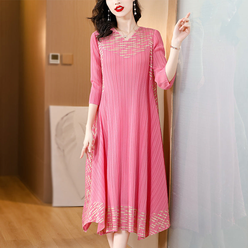 Mitzie – Flatterndes Plissiertes V-Ausschnitt Lockeres Kleid