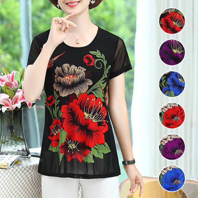 Jerish - Elegantes Chiffon Kurzarm-T-Shirt mit Blumenmuster für Frauen