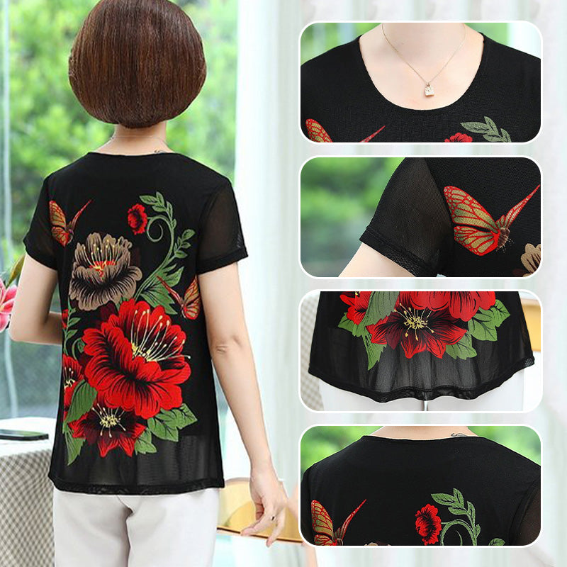 Jerish - Elegantes Chiffon Kurzarm-T-Shirt mit Blumenmuster für Frauen