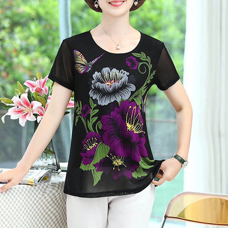 Jerish - Elegantes Chiffon Kurzarm-T-Shirt mit Blumenmuster für Frauen