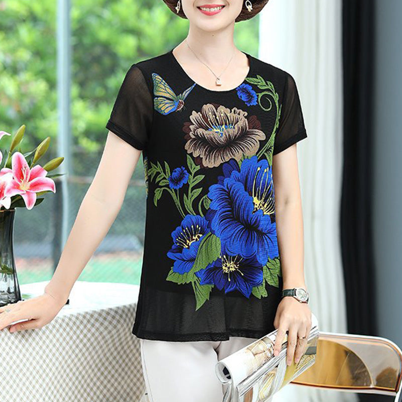 Jerish - Elegantes Chiffon Kurzarm-T-Shirt mit Blumenmuster für Frauen