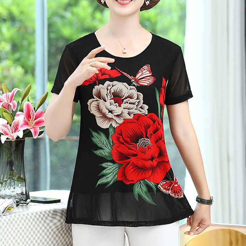 Jerish - Elegantes Chiffon Kurzarm-T-Shirt mit Blumenmuster für Frauen