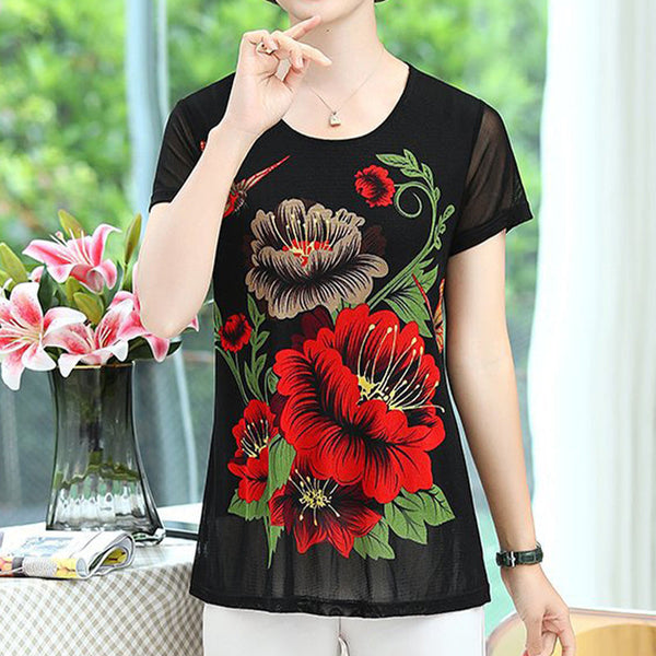 Jerish - Elegantes Chiffon Kurzarm-T-Shirt mit Blumenmuster für Frauen