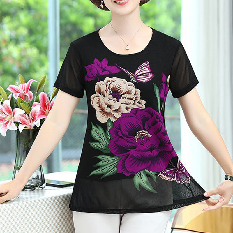 Jerish - Elegantes Chiffon Kurzarm-T-Shirt mit Blumenmuster für Frauen