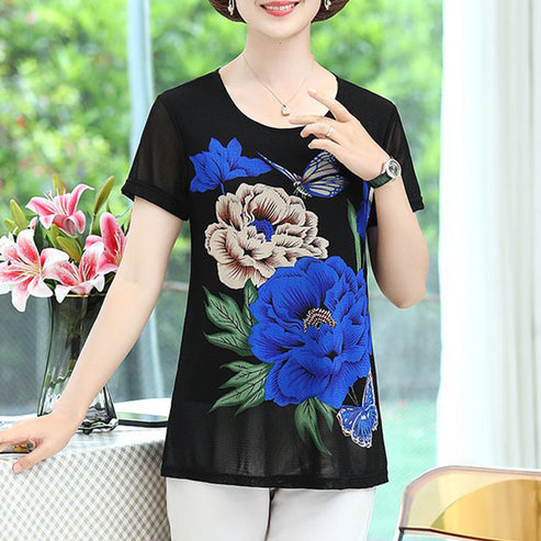 Jerish - Elegantes Chiffon Kurzarm-T-Shirt mit Blumenmuster für Frauen