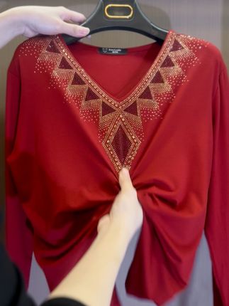 Adriy - Luxus Samt Langarm-T-Shirt mit Strass
