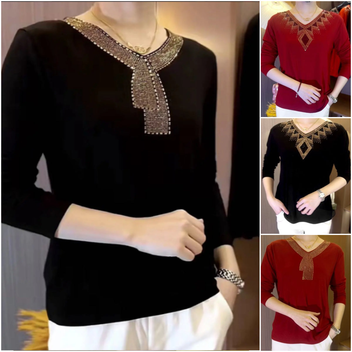 Adriy - Luxus Samt Langarm-T-Shirt mit Strass