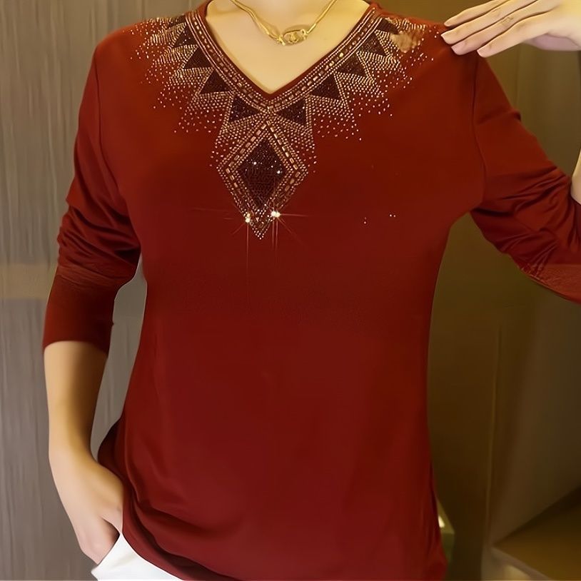 Adriy - Luxus Samt Langarm-T-Shirt mit Strass
