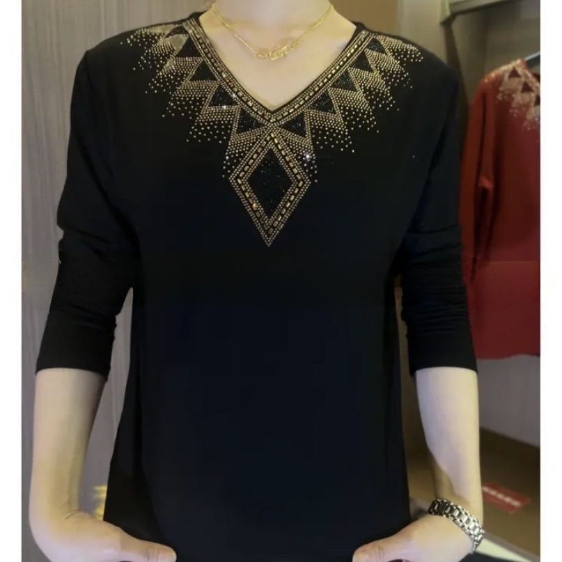 Adriy - Luxus Samt Langarm-T-Shirt mit Strass
