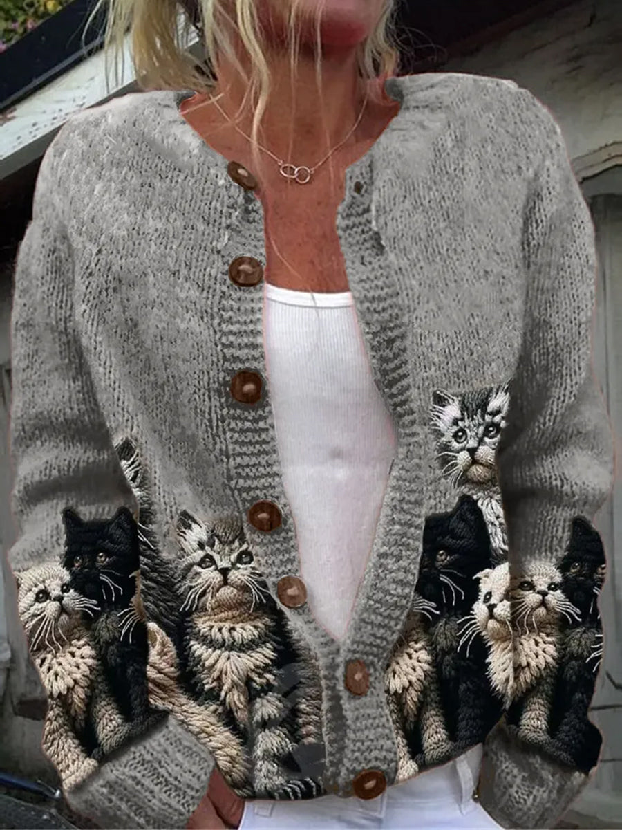Elegante Retro-Strickjacke mit Katzenmuster, mit Knöpfen, lässig mit langen Ärmeln