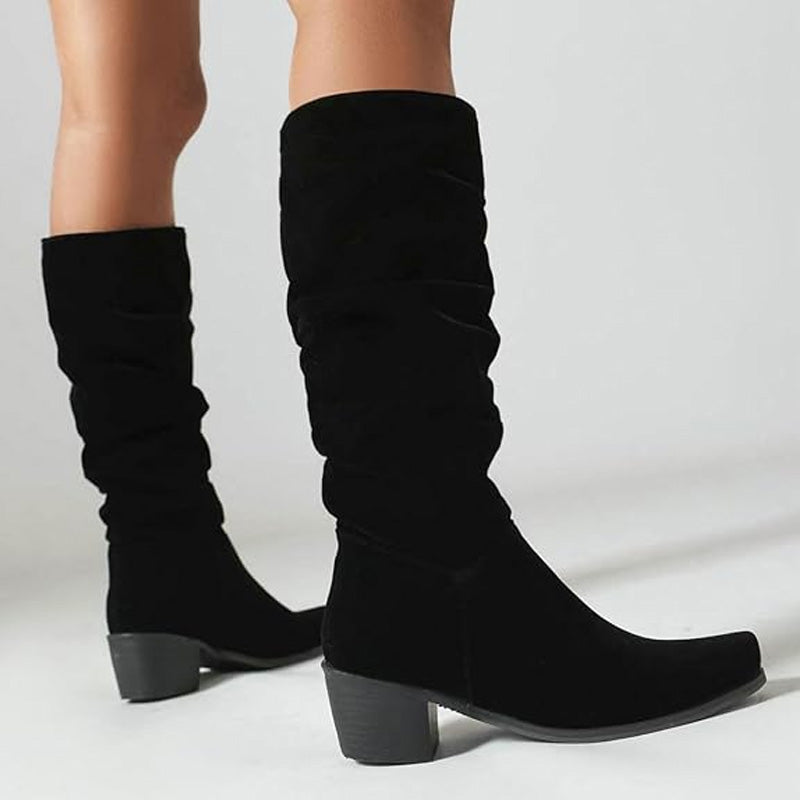 Modische und bequeme kniehohe Stiefel mit Blockabsatz