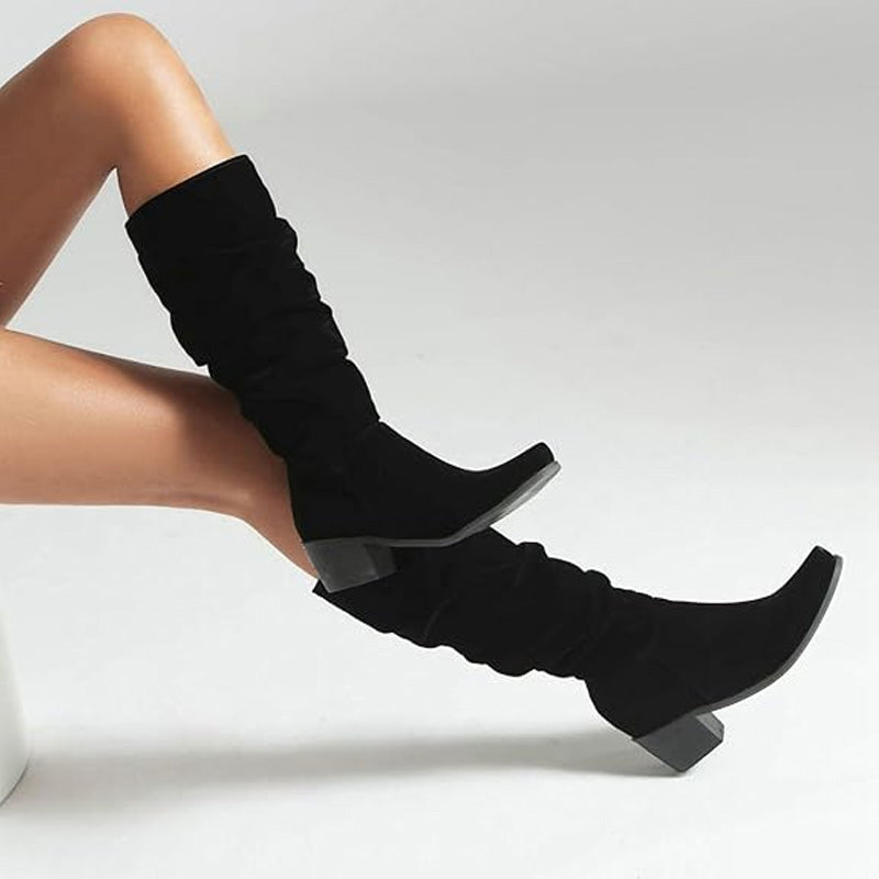 Modische und bequeme kniehohe Stiefel mit Blockabsatz