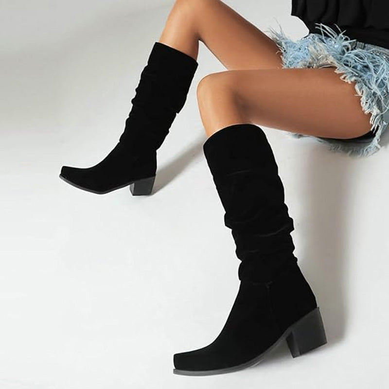 Modische und bequeme kniehohe Stiefel mit Blockabsatz