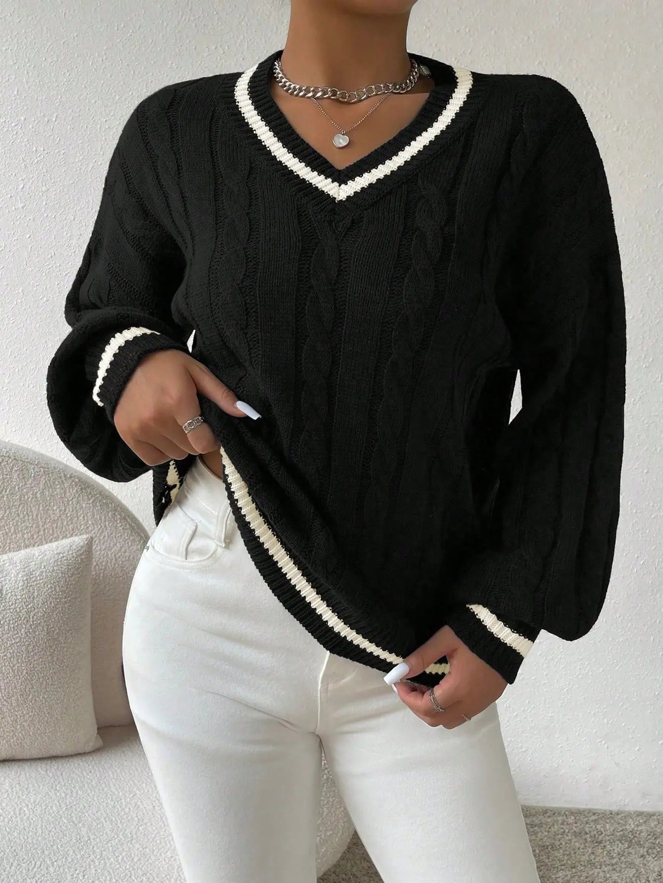 Tilia - Kabelstrickpullover Gestreift V Ausschnitt Trendig