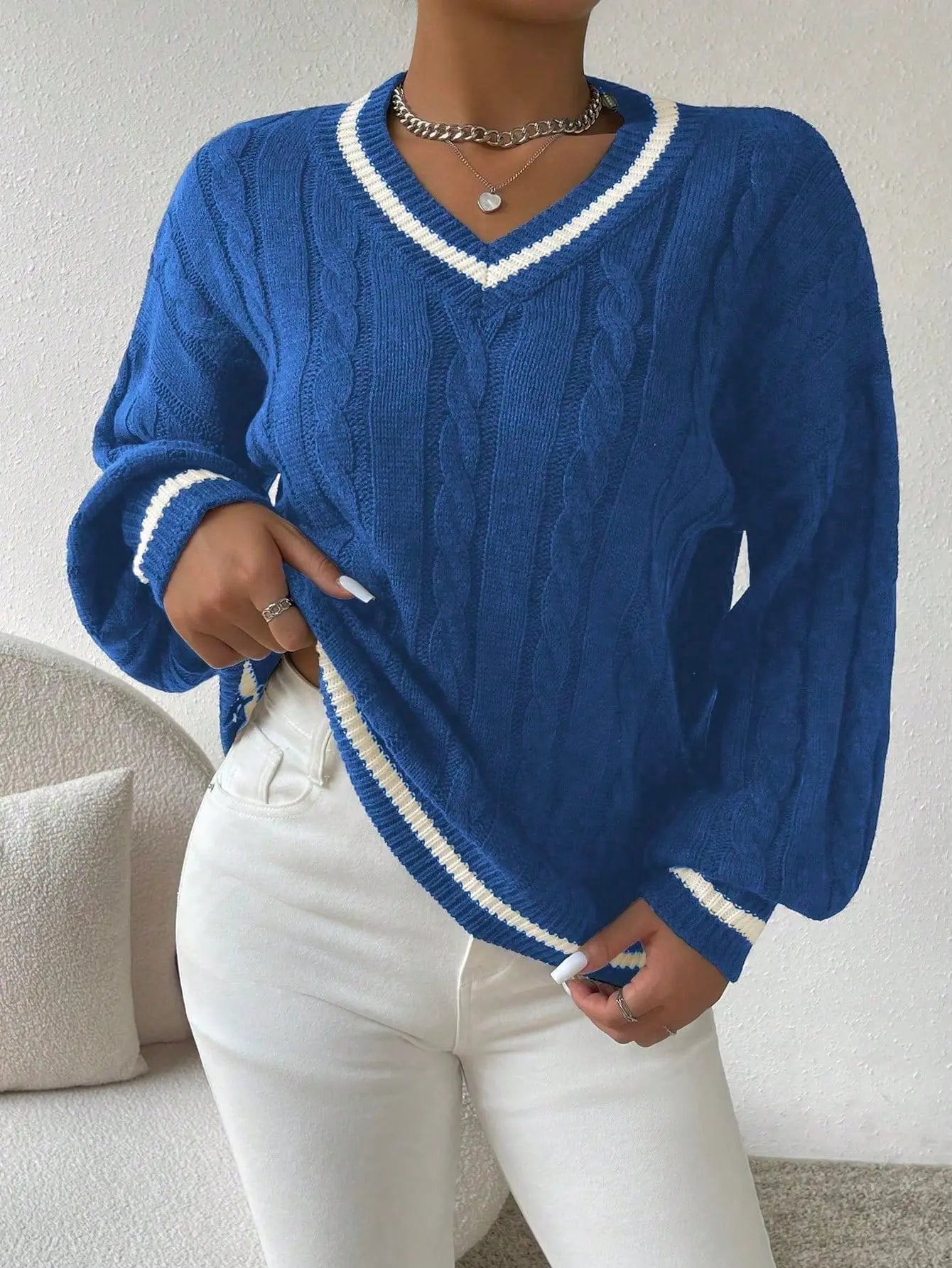 Tilia - Kabelstrickpullover Gestreift V Ausschnitt Trendig