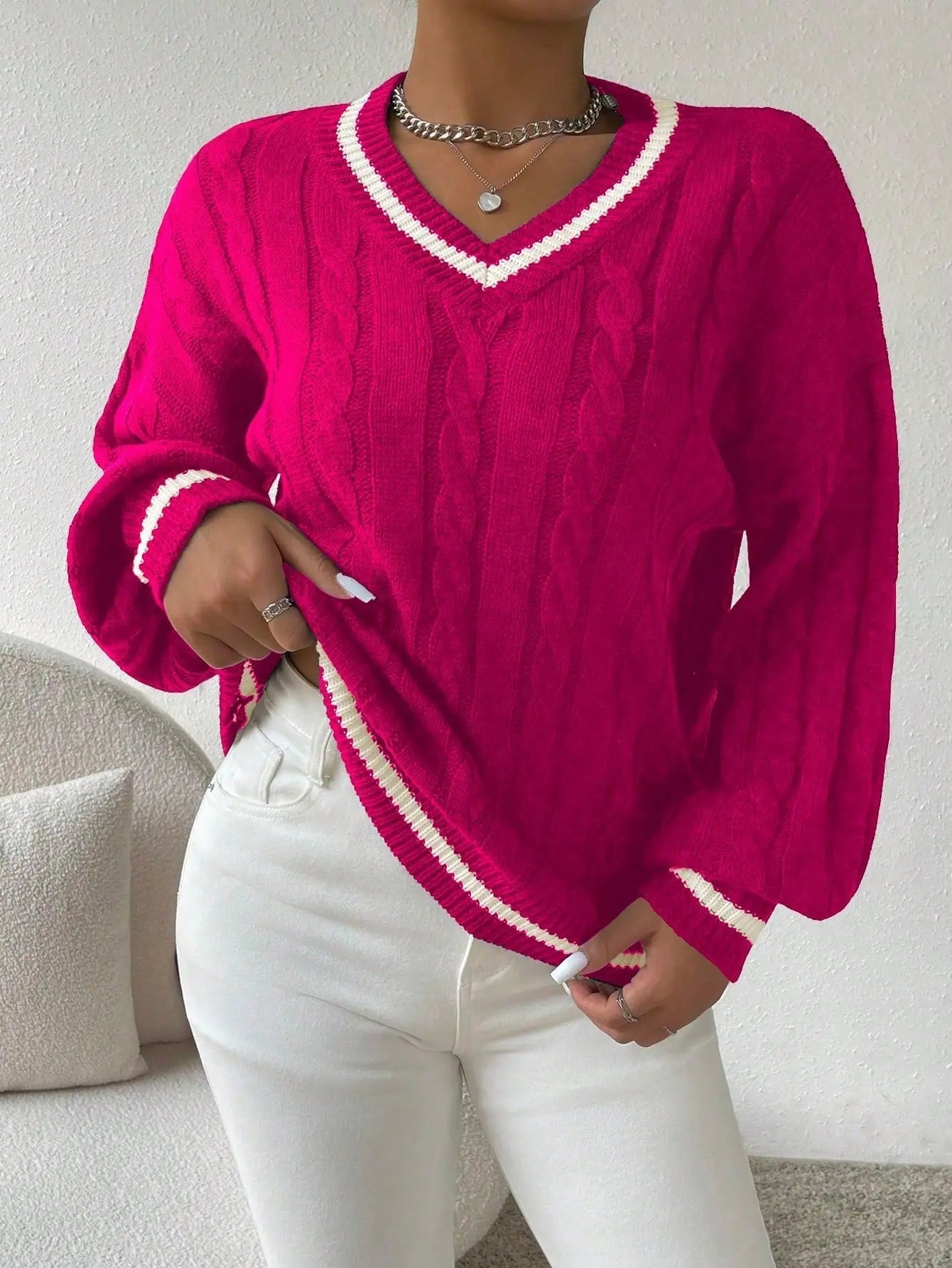 Tilia - Kabelstrickpullover Gestreift V Ausschnitt Trendig