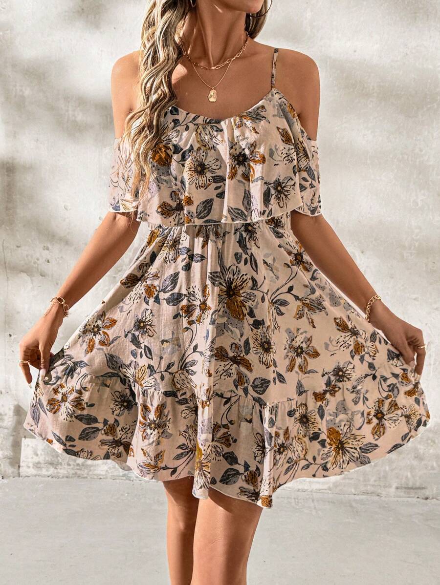 Alina – A-Linien Kleid Damen Blumendruck Carmen Ausschnitt