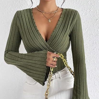 Josien - Flared V-neck Ribbed Langarmshirt