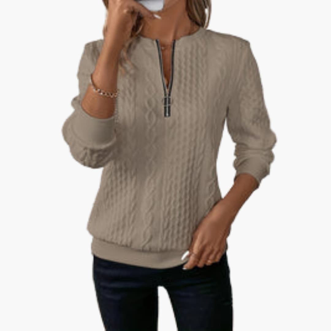 Adela – Damen Pullover mit Reißverschluss & Zopfmuster