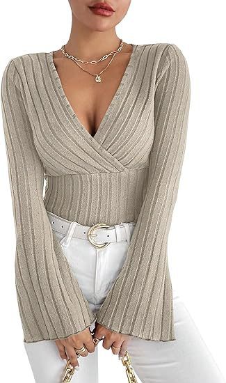 Josien - Flared V-neck Ribbed Langarmshirt