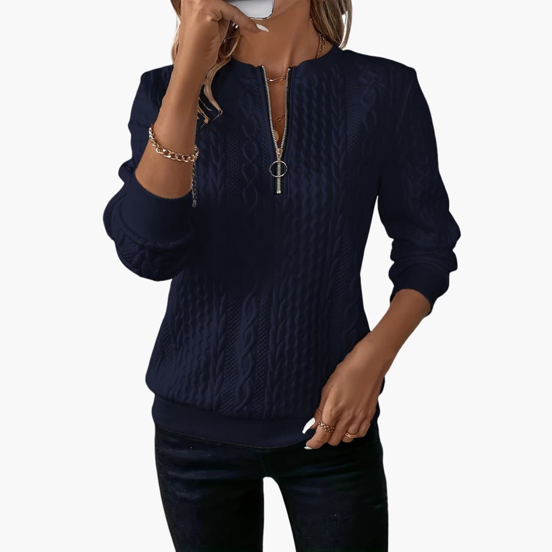 Adela – Damen Pullover mit Reißverschluss & Zopfmuster