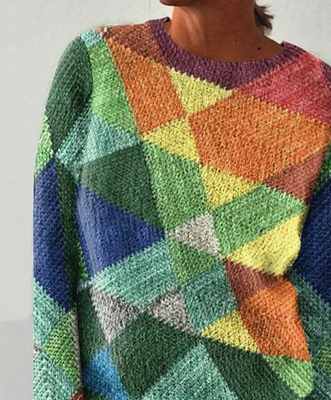 Melya - Verspielt Regenbogen-Quadrat Herbstpullover