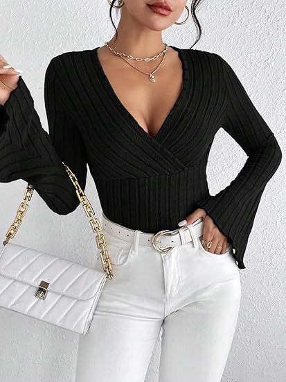 Josien - Flared V-neck Ribbed Langarmshirt