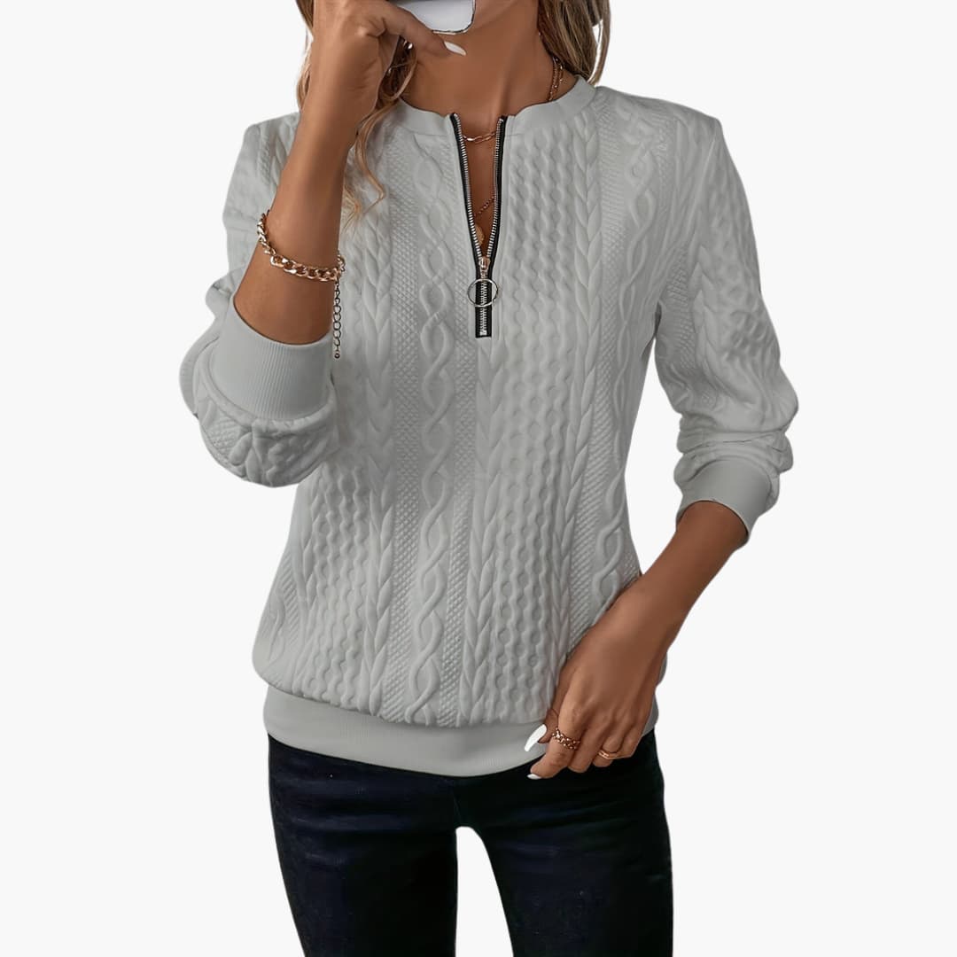 Adela – Damen Pullover mit Reißverschluss & Zopfmuster