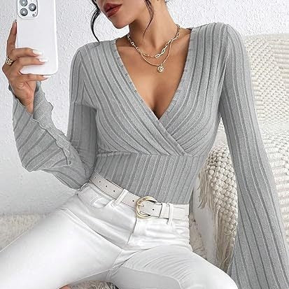 Josien - Flared V-neck Ribbed Langarmshirt