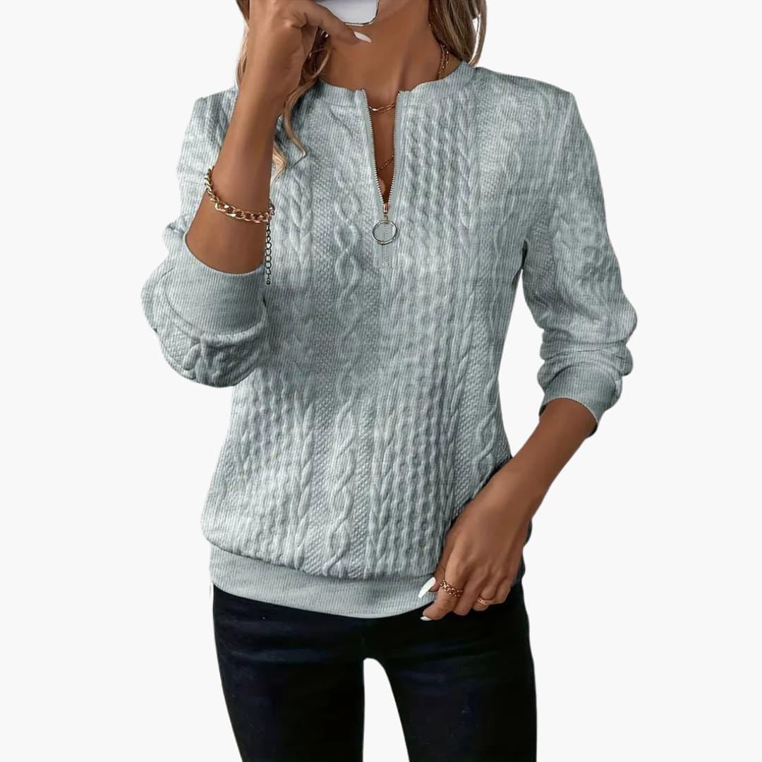 Adela – Damen Pullover mit Reißverschluss & Zopfmuster Grau