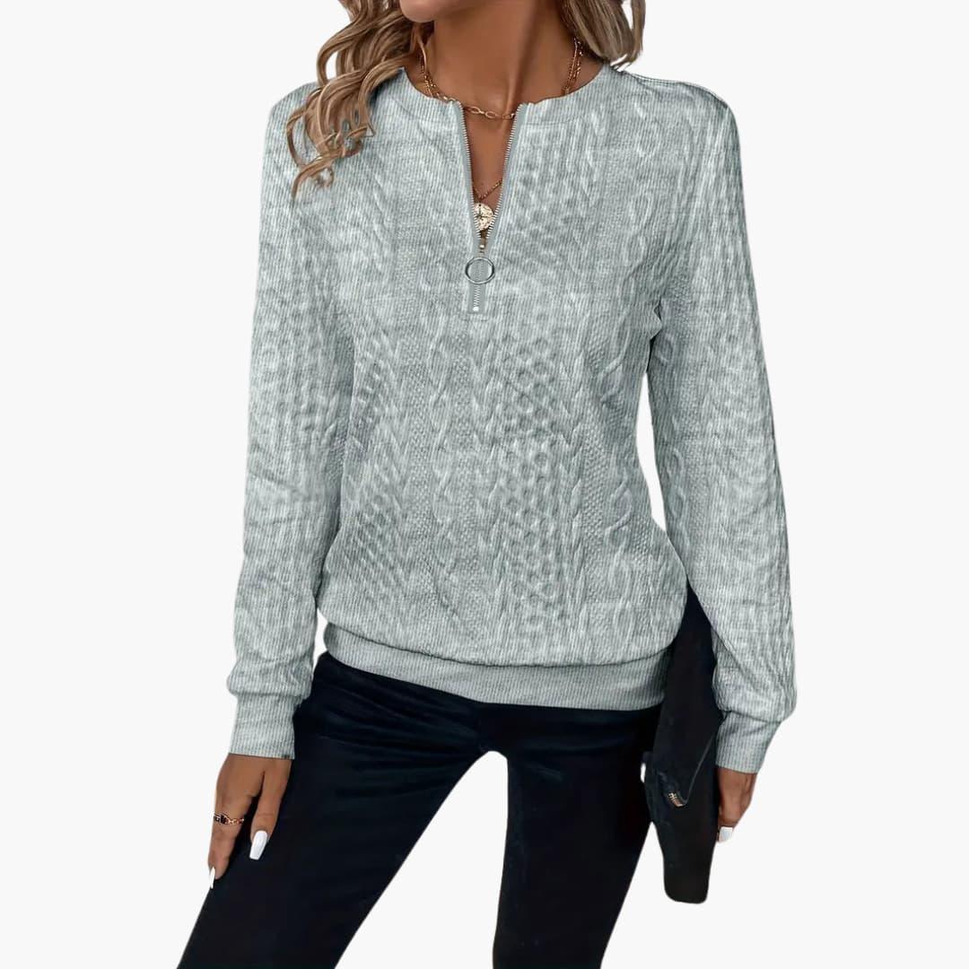 Adela – Damen Pullover mit Reißverschluss & Zopfmuster Grau