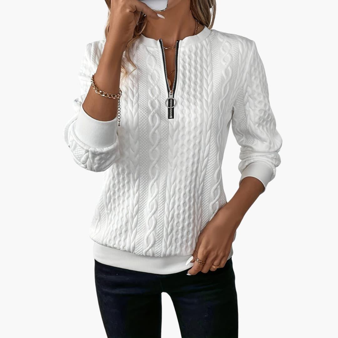 Adela – Damen Pullover mit Reißverschluss & Zopfmuster Weiß