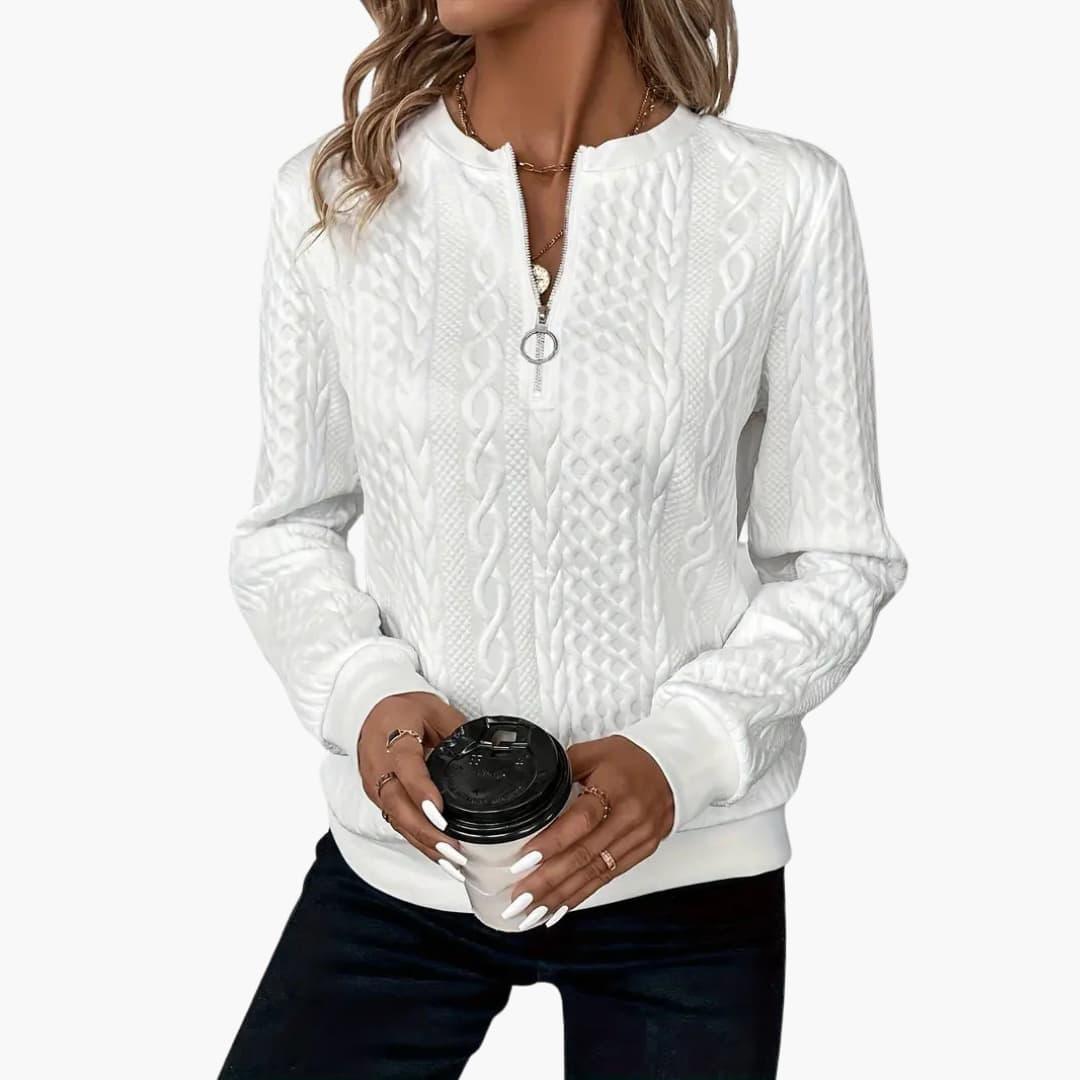 Adela – Damen Pullover mit Reißverschluss & Zopfmuster Weiß