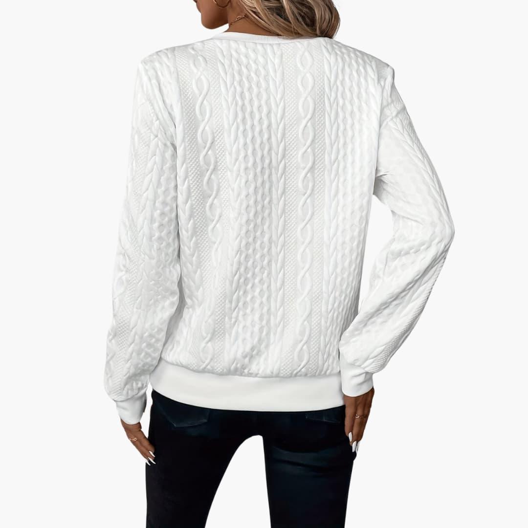 Adela – Damen Pullover mit Reißverschluss & Zopfmuster Weiß