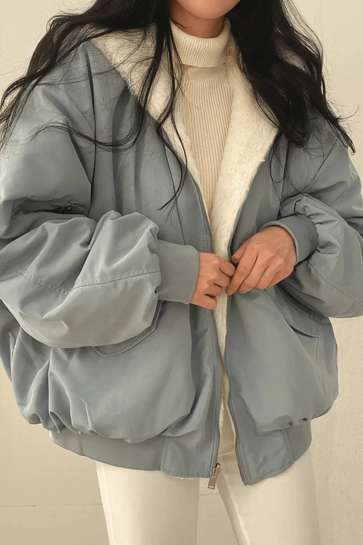 Alberta – Damen Kunstpelz Jacke mit Reißverschluss & Taschen Grau