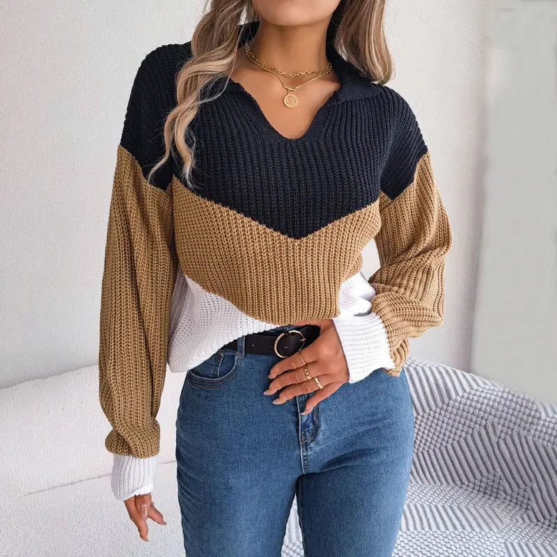 Albertina - Stylischer Color-Block-V-Ausschnitt-Pullover Für Frauen Khaki