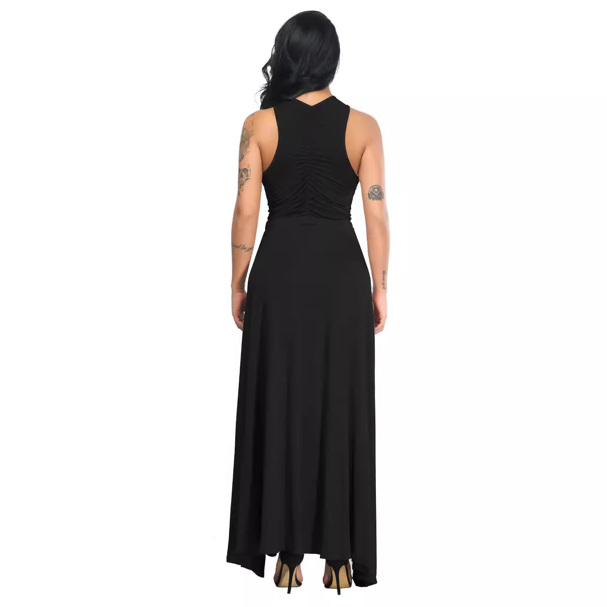 Alice- Damen Maxikleid mit Hochgeschlossenem Ausschnitt und Beinschlitz Schwarz