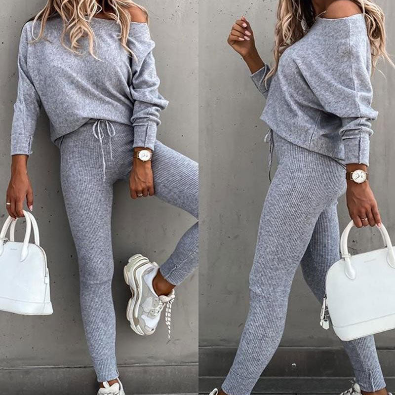 Amélie - Set aus Off-Shoulder Langarmtop und Kordelzug Grau