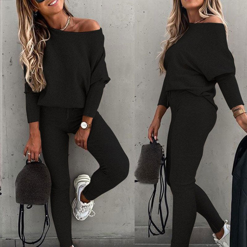 Amélie - Set aus Off-Shoulder Langarmtop und Kordelzug Schwarz