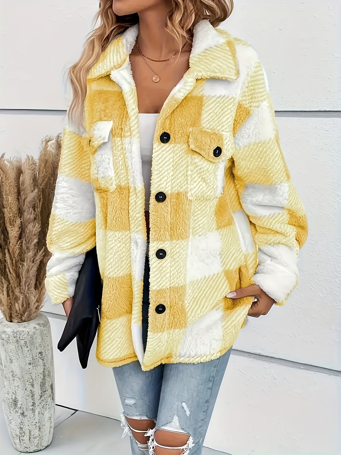 Amelia - Karierte Fleecejacke Damen Knopfleiste Taschen