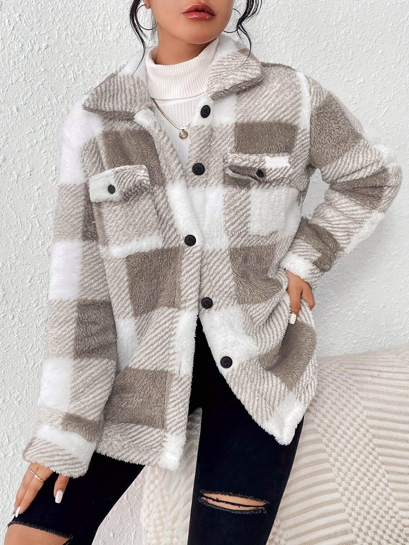 Amelia - Karierte Fleecejacke Damen Knopfleiste Taschen Khaki 1 