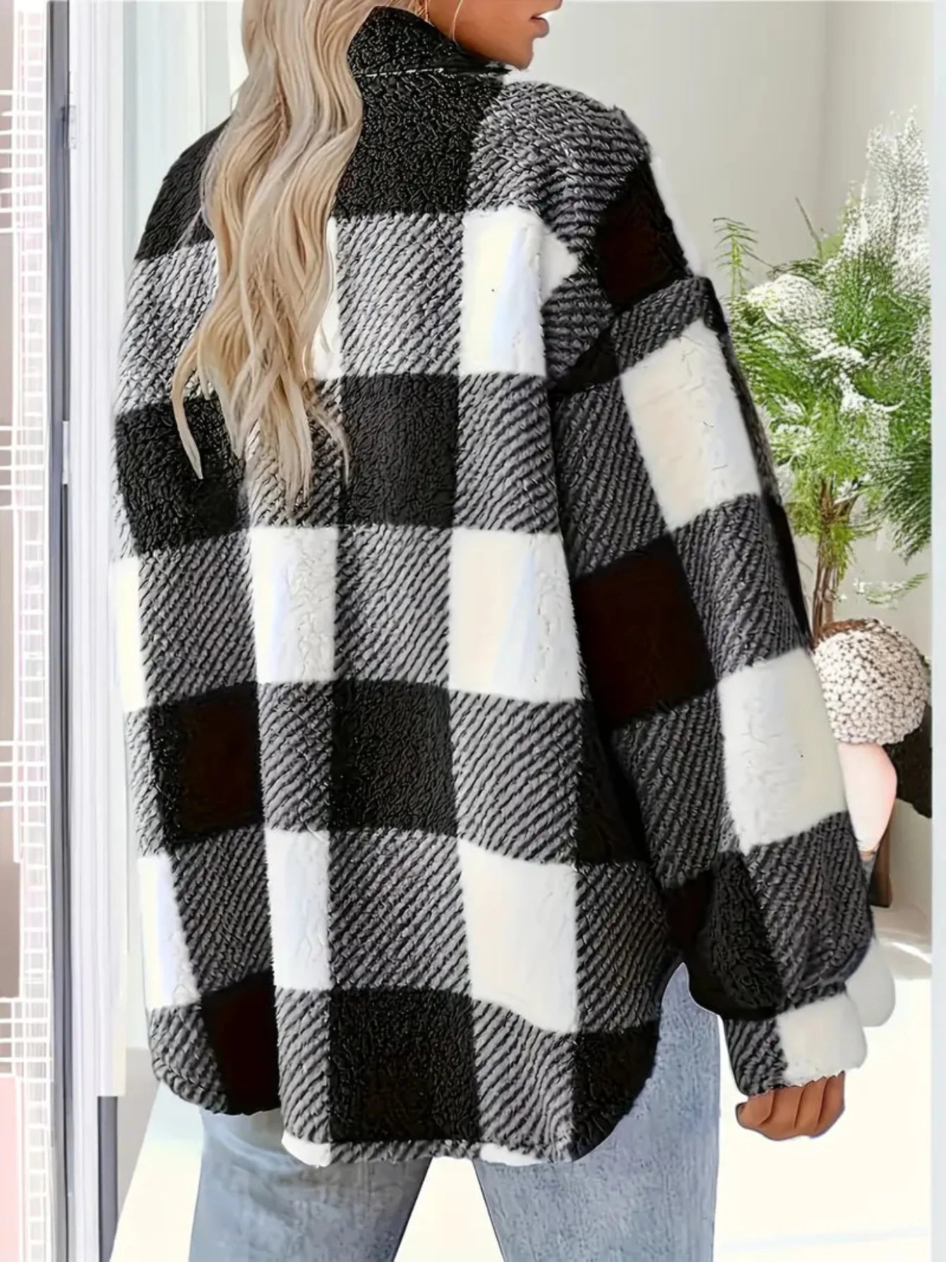 Amelia - Karierte Fleecejacke Damen Knopfleiste Taschen Schwarz 